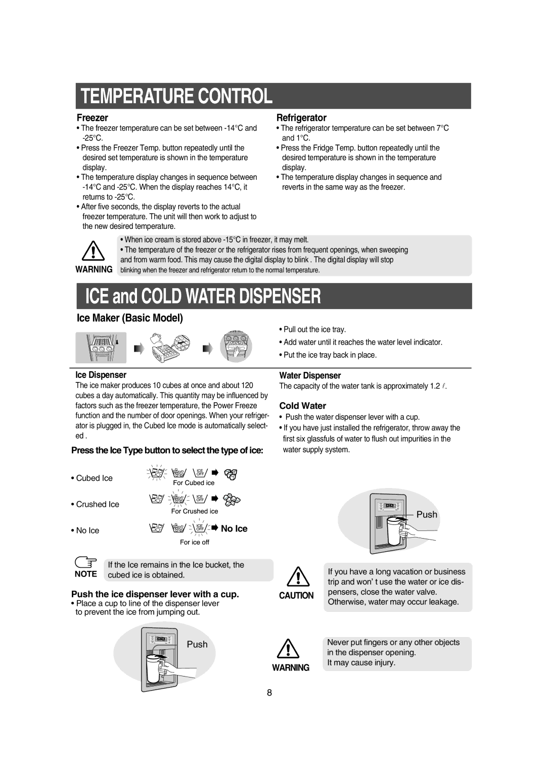 Samsung RS21FASW1/FAL, RS21DPSM1/SWS, RS21FCSM1/XEG manual Temperature Control, Ice Dispenser, Water Dispenser, Cold Water 