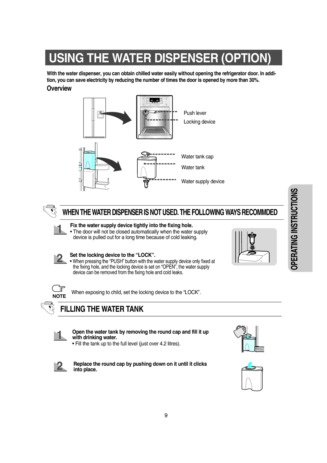 Samsung RS21DJSH1/XES manual Fix the water supply device tightly into the fixing hole, Set the locking device to the Lock 