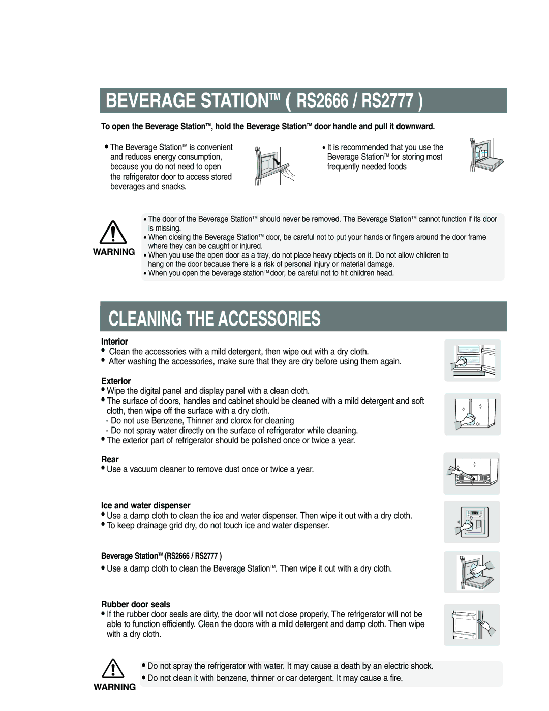 Samsung RS25KLAL1/XEF, RS21FANS1/XEG, RS27KGRS1/ANU manual Beverage Stationtm RS2666 / RS2777, Cleaning the Accessories 