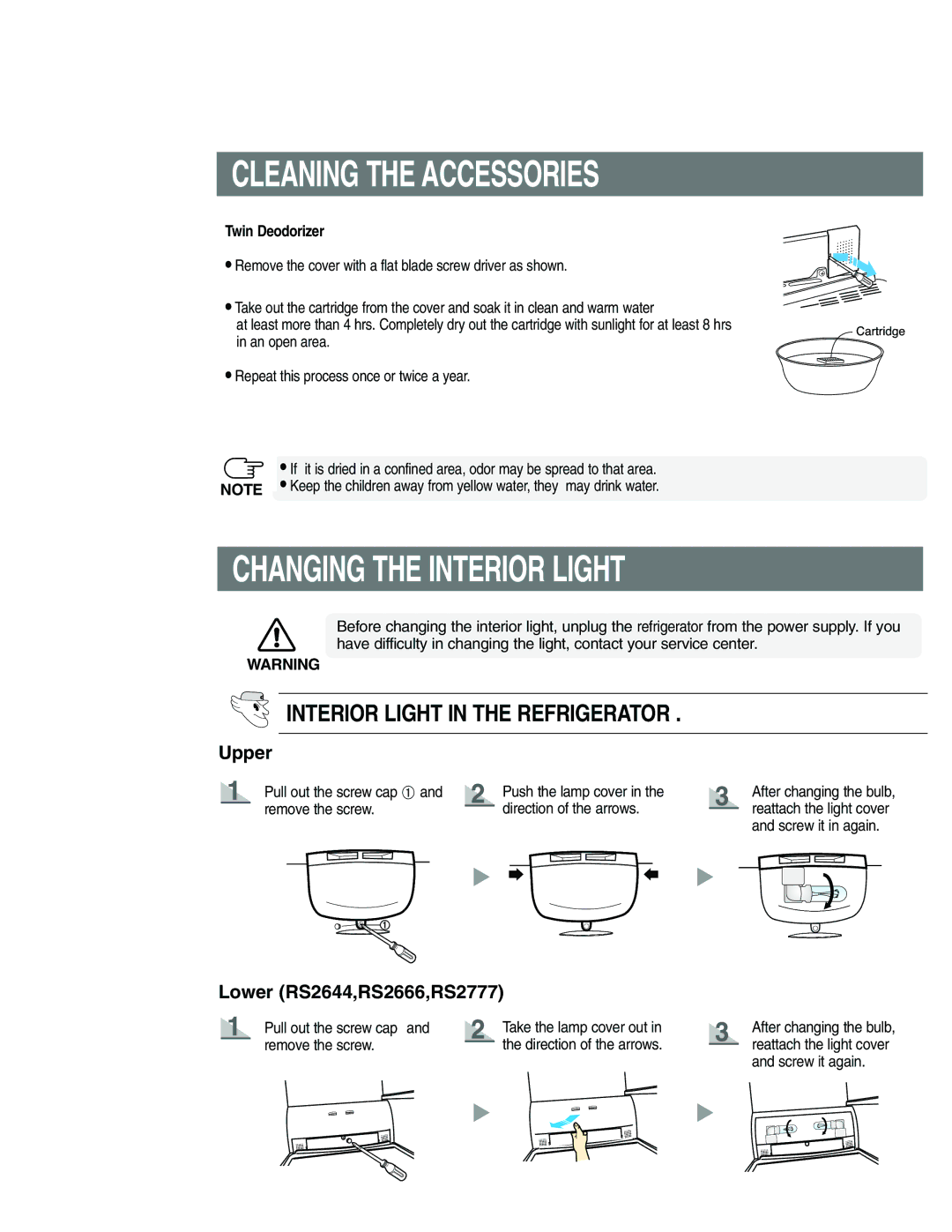 Samsung RS23DASW1/FAL, RS21FANS1/XEG, RS27KGRS1/ANU, RS25KCSW1/XEF, RS2577SW/XAA Changing the Interior Light, Twin Deodorizer 