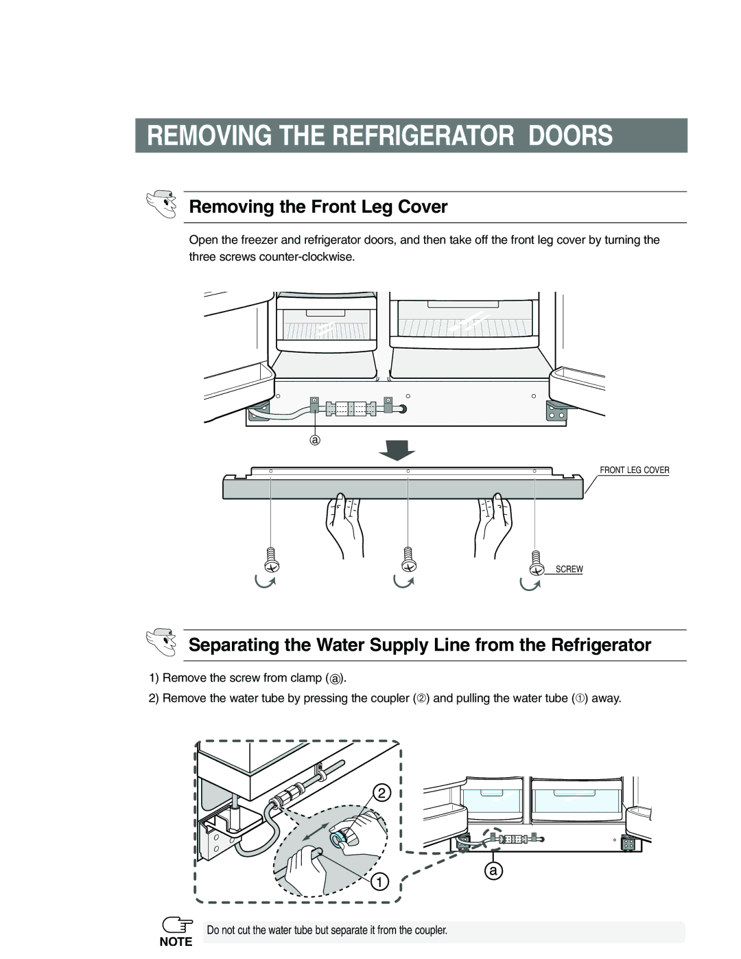 Samsung RS25FCSW1/XES, RS21FANS1/XEG, RS27KGRS1/ANU manual Removing the Refrigerator Doors, Removing the Front Leg Cover 