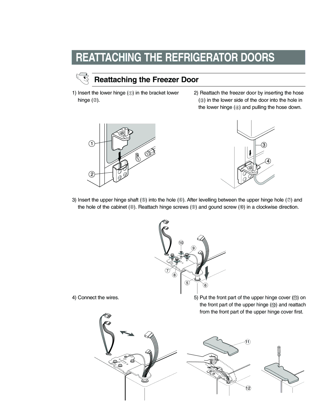 Samsung RS25KASW1/XEM, RS21FANS1/XEG, RS27KGRS1/ANU manual Reattaching the Refrigerator Doors, Reattaching the Freezer Door 