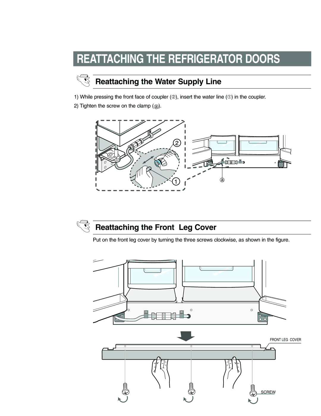 Samsung RS27KGRS1/SAD, RS21FANS1/XEG, RS27KGRS1/ANU manual Reattaching the Water Supply Line, Reattaching the Front Leg Cover 