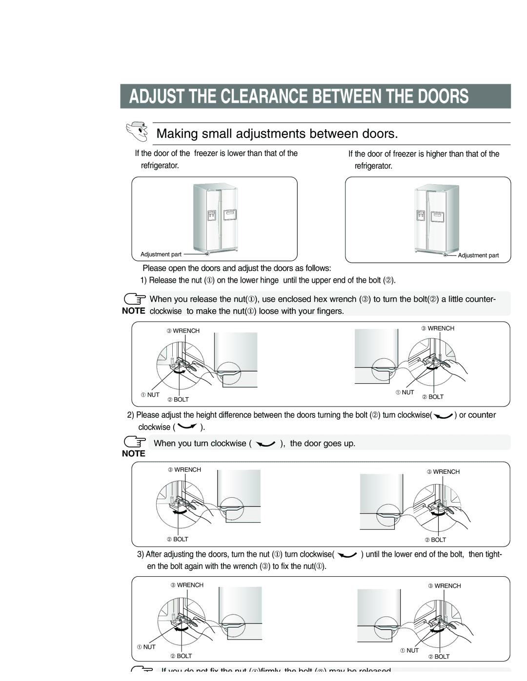 Samsung RS27KLMR1/HAC, RS21FANS1/XEG, RS27KGRS1/ANU, RS25KCSW1/XEF, RS25KCSL1/XEF manual Adjust the Clearance Between the Doors 