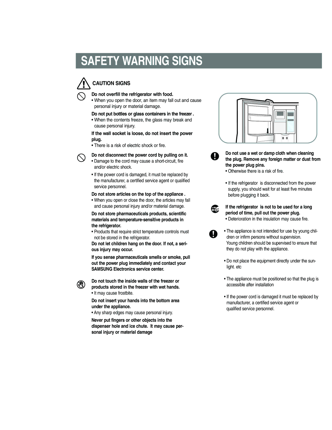 Samsung RS25KCSL1/XEF, RS21FANS1/XEG, RS27KGRS1/ANU, RS25KCSW1/XEF, RS24KANS1/CAF, RS25KLDW1/XEF manual Safety Warning Signs 