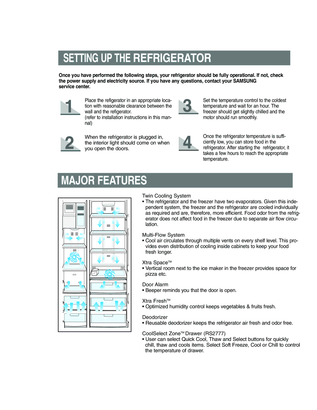 Samsung RS24KANS1/CAF, RS21FANS1/XEG, RS27KGRS1/ANU manual Setting UP the Refrigerator, Major Features, Service center 