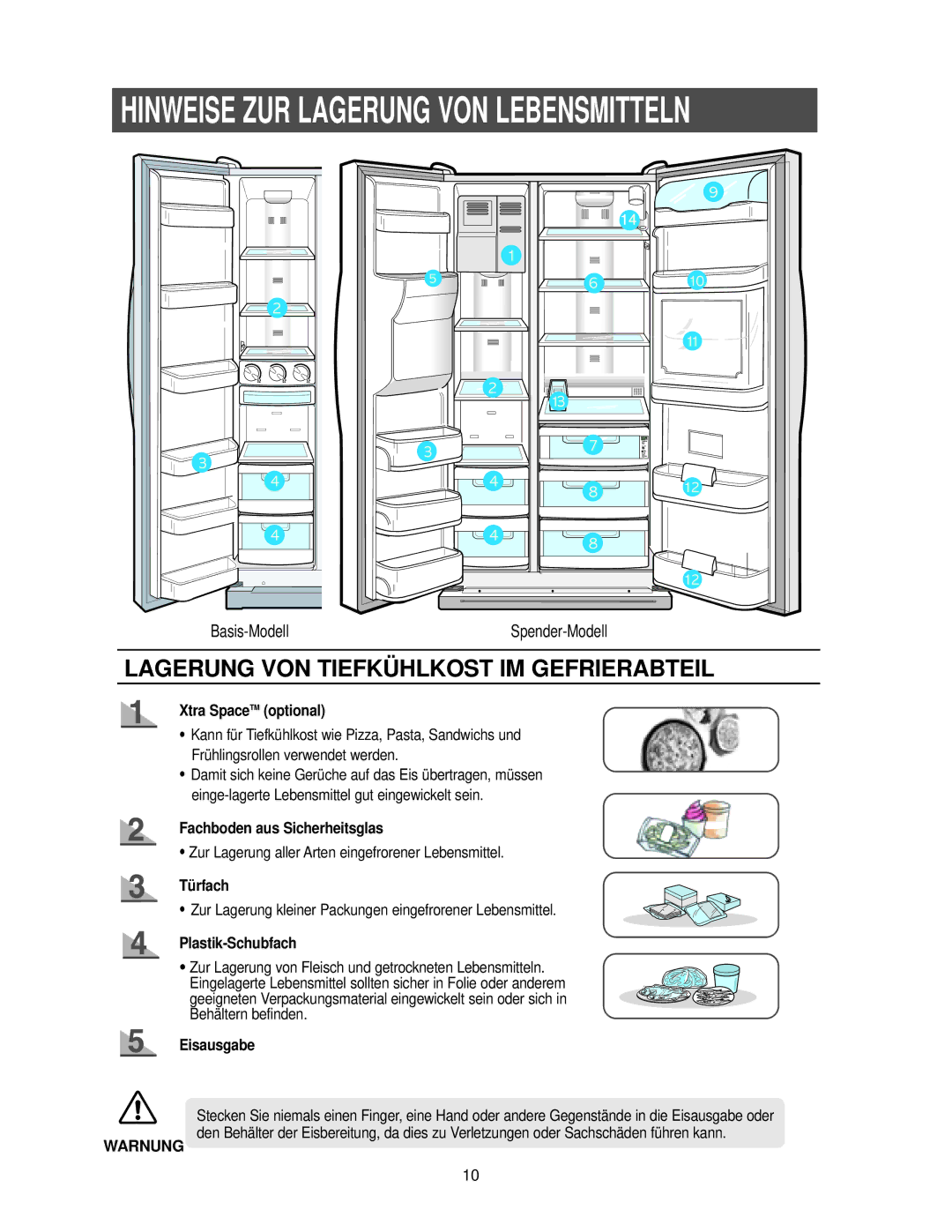 Samsung RS21FANS1/XEG manual Xtra SpaceTM optional, Fachboden aus Sicherheitsglas, Türfach, Plastik-Schubfach, Eisausgabe 