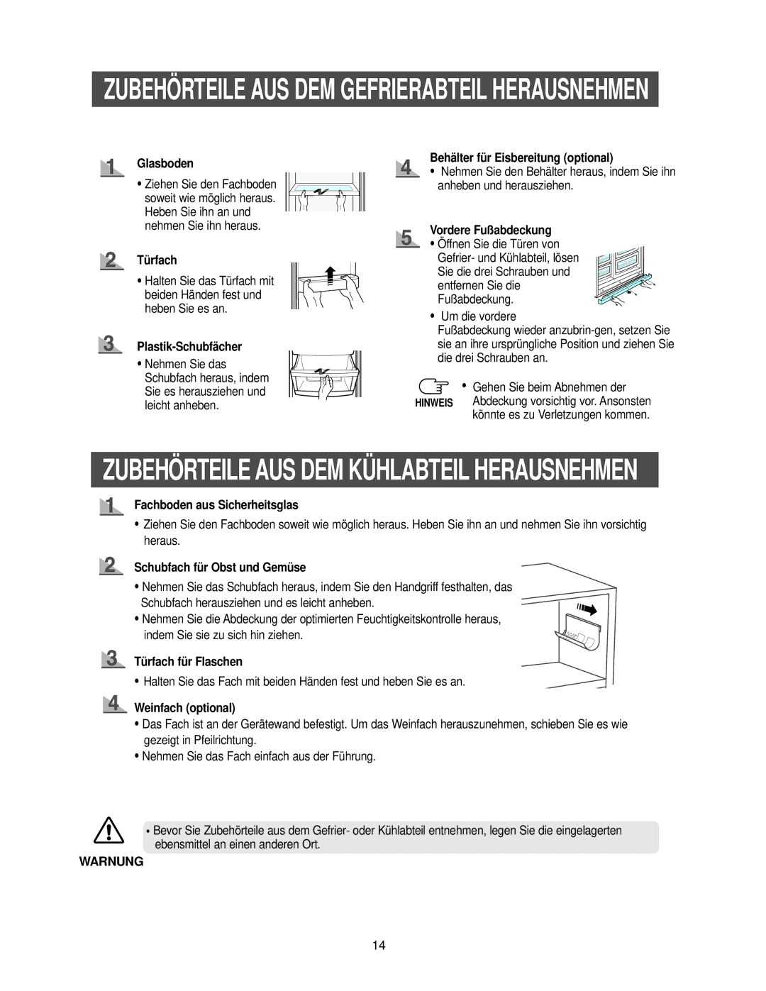 Samsung RS21FANS1/XEG manual Glasboden, Plastik-Schubfächer, Behälter für Eisbereitung optional, Vordere Fußabdeckung 