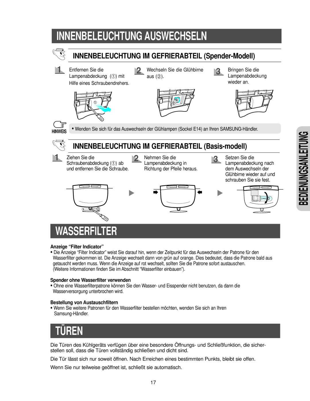 Samsung RS27KGRS1/ANU, RS21FANS1/XEG manual Wasserfilter, Türen, Innenbeleuchtung IM Gefrierabteil Spender-Modell 