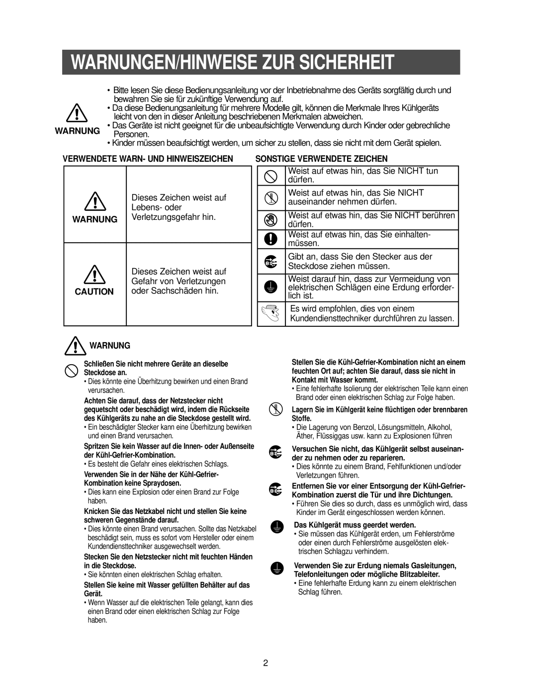 Samsung RS21FANS1/XEG, RS27KGRS1/ANU manual WARNUNGEN/HINWEISE ZUR Sicherheit, Verwendete WARN- UND Hinweiszeichen 