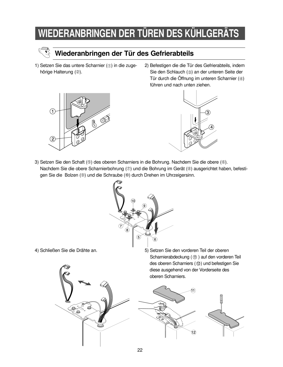 Samsung RS21FANS1/XEG, RS27KGRS1/ANU Wiederanbringen DER Türen DES Kühlgeräts, Wiederanbringen der Tür des Gefrierabteils 