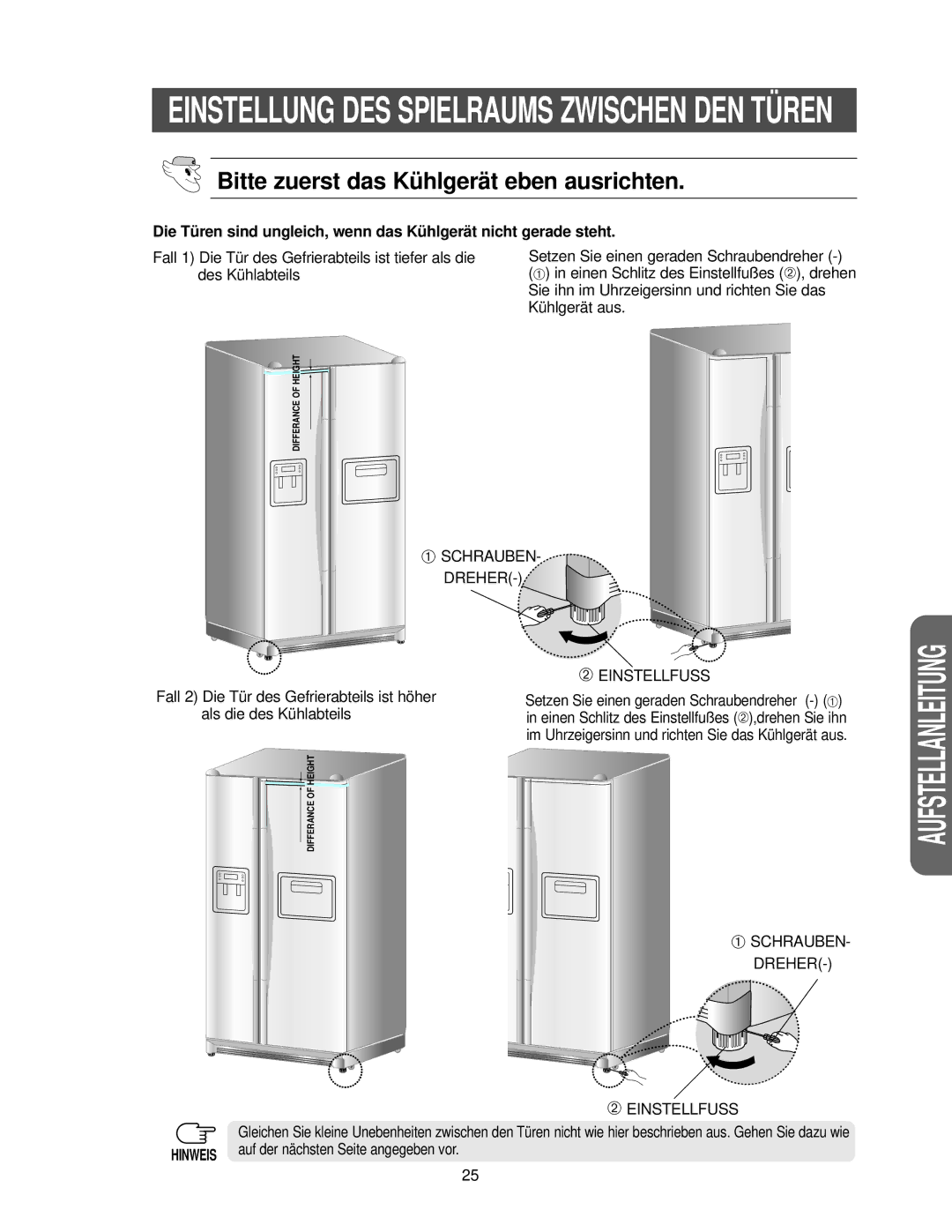 Samsung RS27KGRS1/ANU manual Einstellung DES Spielraums Zwischen DEN Türen, Bitte zuerst das Kühlgerät eben ausrichten 