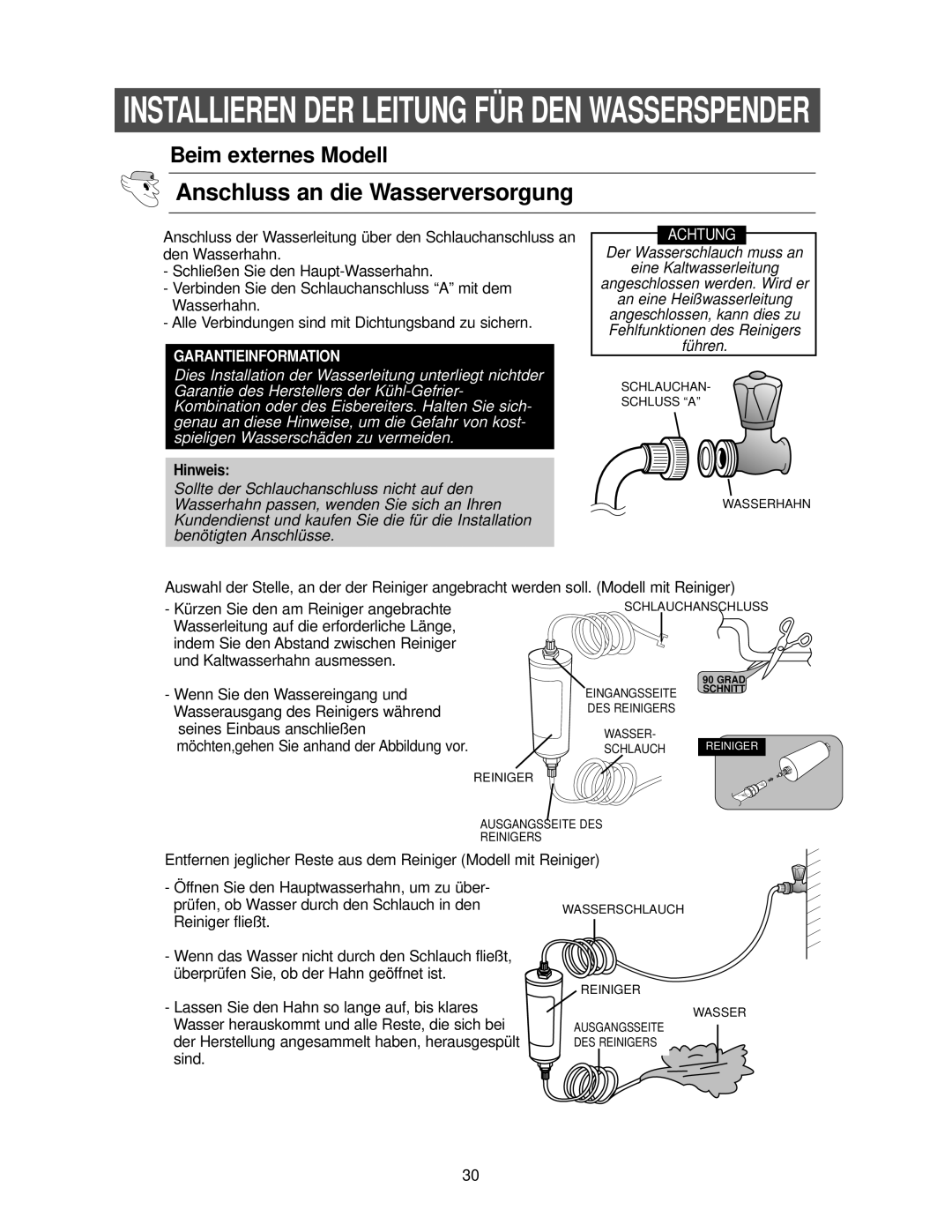 Samsung RS21FANS1/XEG, RS27KGRS1/ANU manual Installieren DER Leitung FÜR DEN Wasserspender 