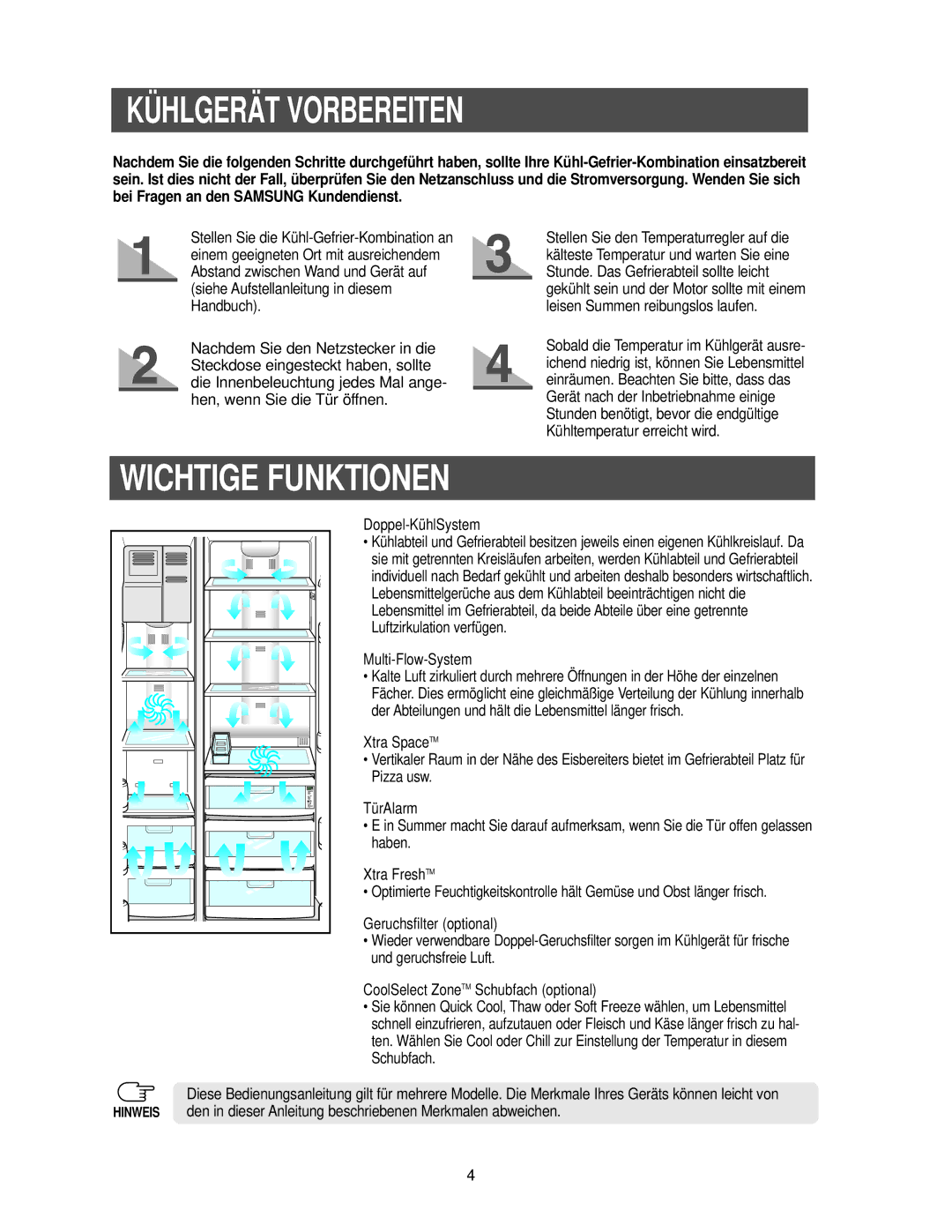 Samsung RS21FANS1/XEG, RS27KGRS1/ANU manual Kühlgerät Vorbereiten, Wichtige Funktionen 