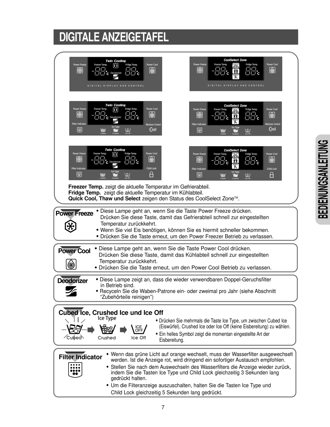 Samsung RS27KGRS1/ANU, RS21FANS1/XEG manual Digitale Anzeigetafel, Power Cool Deodorizer 