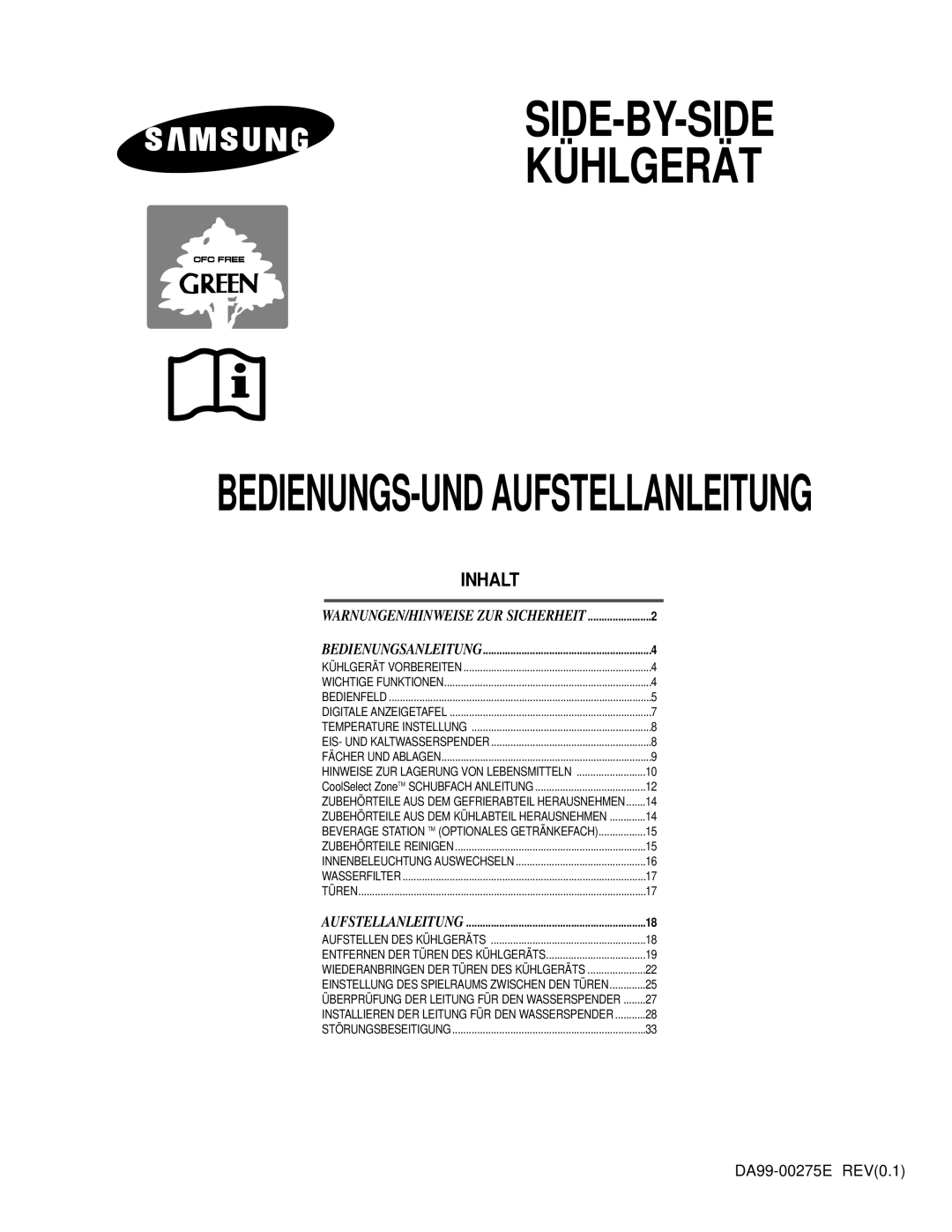 Samsung RS27KGRS1/ANU manual Inhalt, Side-By-Side Kühlgerät, Bedienungs-Und Aufstellanleitung, Bedienungsanleitung 