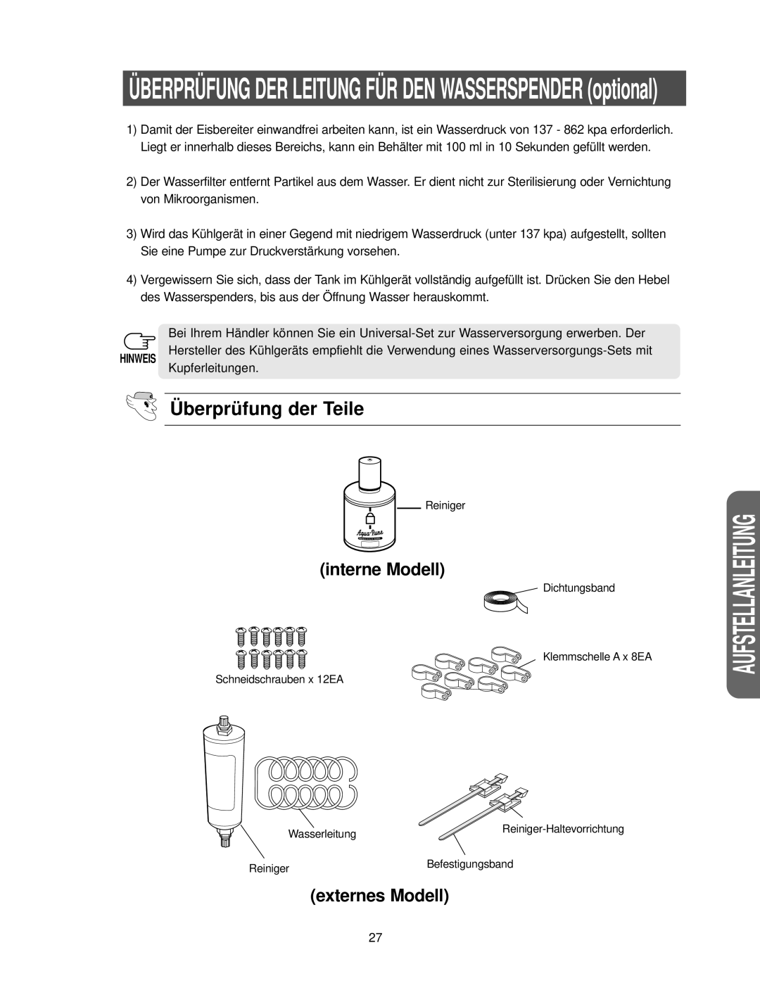 Samsung RS27KGRS1/ANU, RS21FANS1/XEG manual Überprüfung der Teile, interne Modell, externes Modell, Aufstellanleitung 