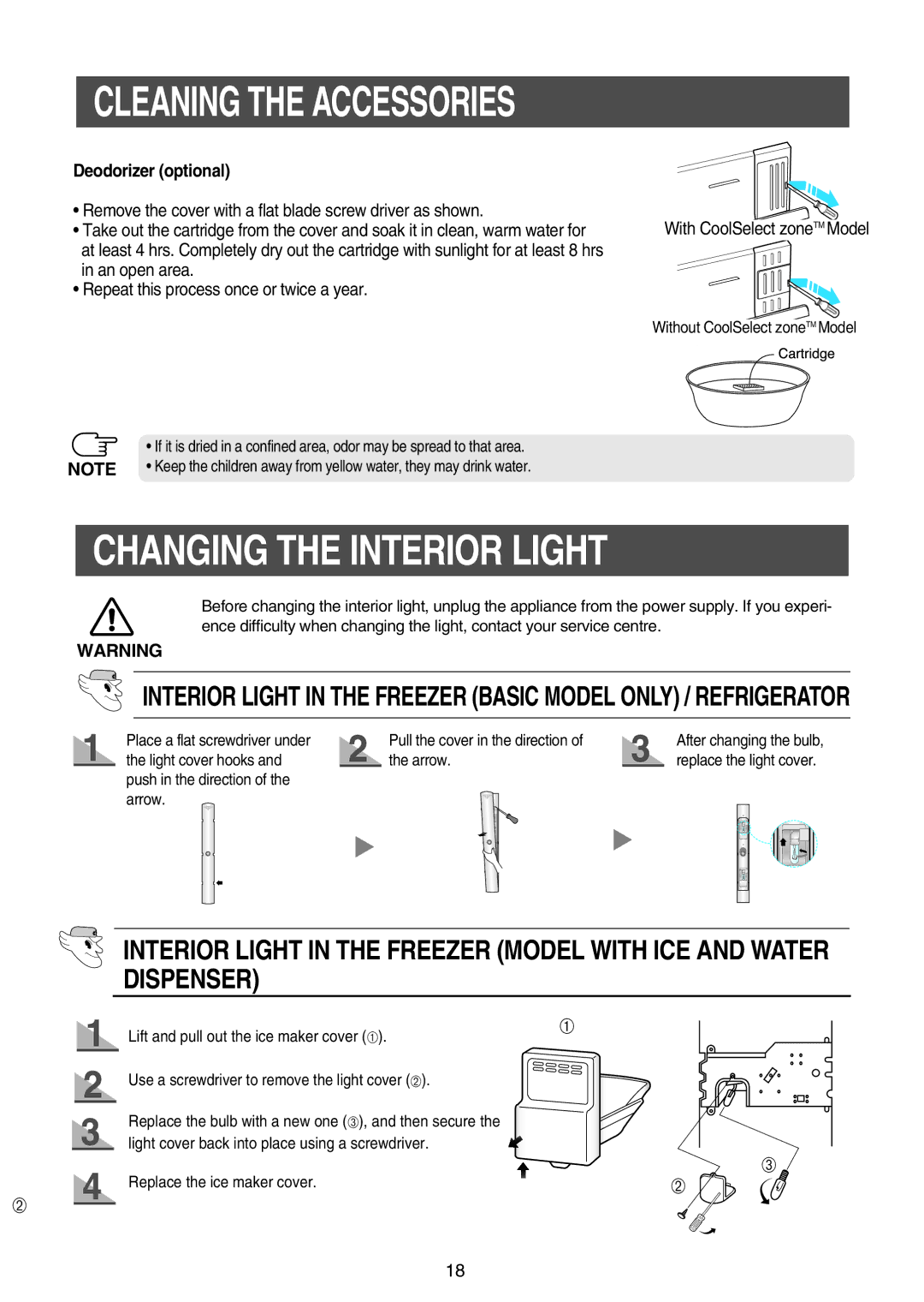 Samsung RS21KLVG1/ATC, RS21FASW1/SAL, RS21FGRS1/JUM, RS21FLAT1/ATC manual Changing the Interior Light, Deodorizer optional 