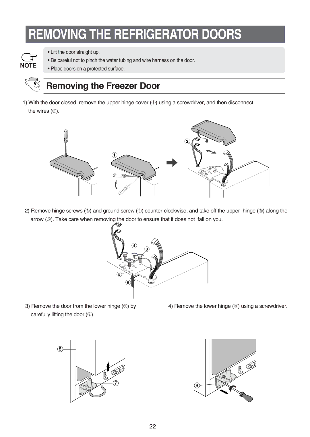 Samsung RS21FASW2/SAL, RS21FASW1/SAL, RS21FGRS1/JUM manual Removing the Refrigerator Doors, Removing the Freezer Door 