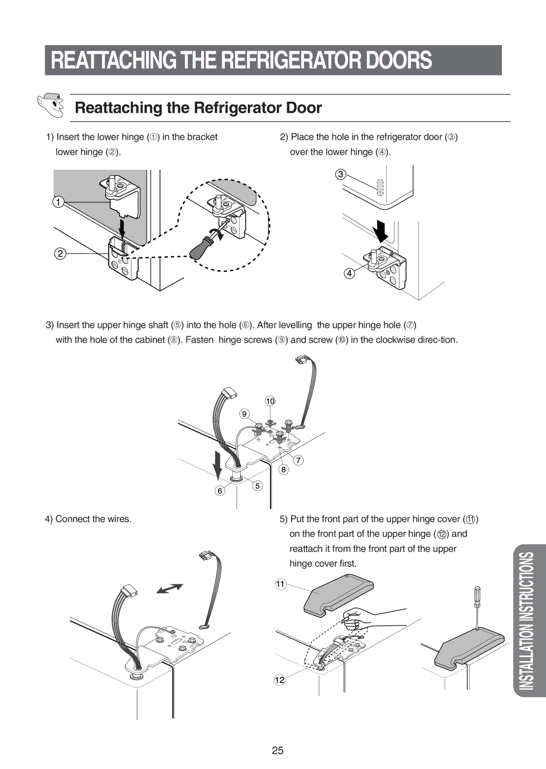 Samsung RS21FASW1/AIE, RS21FASW1/SAL, RS21FGRS1/JUM, RS21FLAT1/ATC, RS21FLMR1/NEC manual Reattaching the Refrigerator Doors 