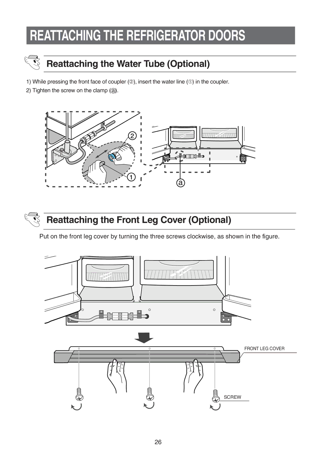 Samsung RS21FASW1/NEC, RS21FASW1/SAL manual Reattaching the Water Tube Optional, Reattaching the Front Leg Cover Optional 