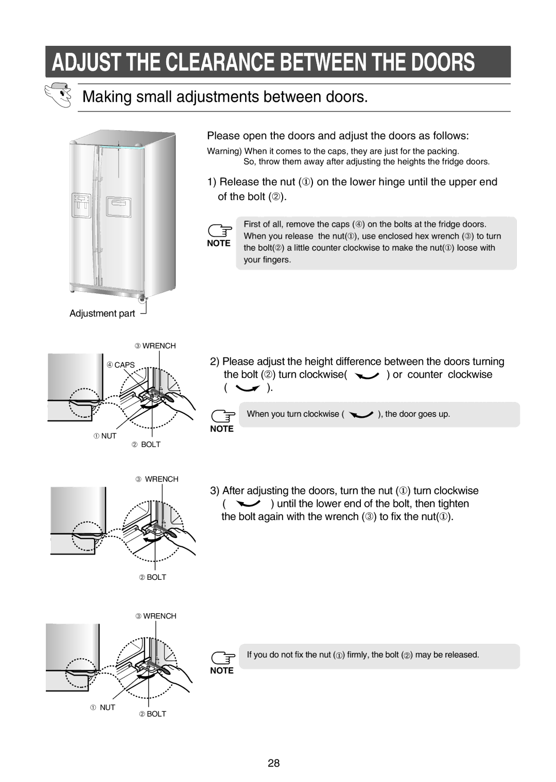 Samsung RS21FLMR1/SUT, RS21FASW1/SAL, RS21FGRS1/JUM, RS21FLAT1/ATC, RS21FLMR1/NEC manual Adjust the Clearance Between the Doors 