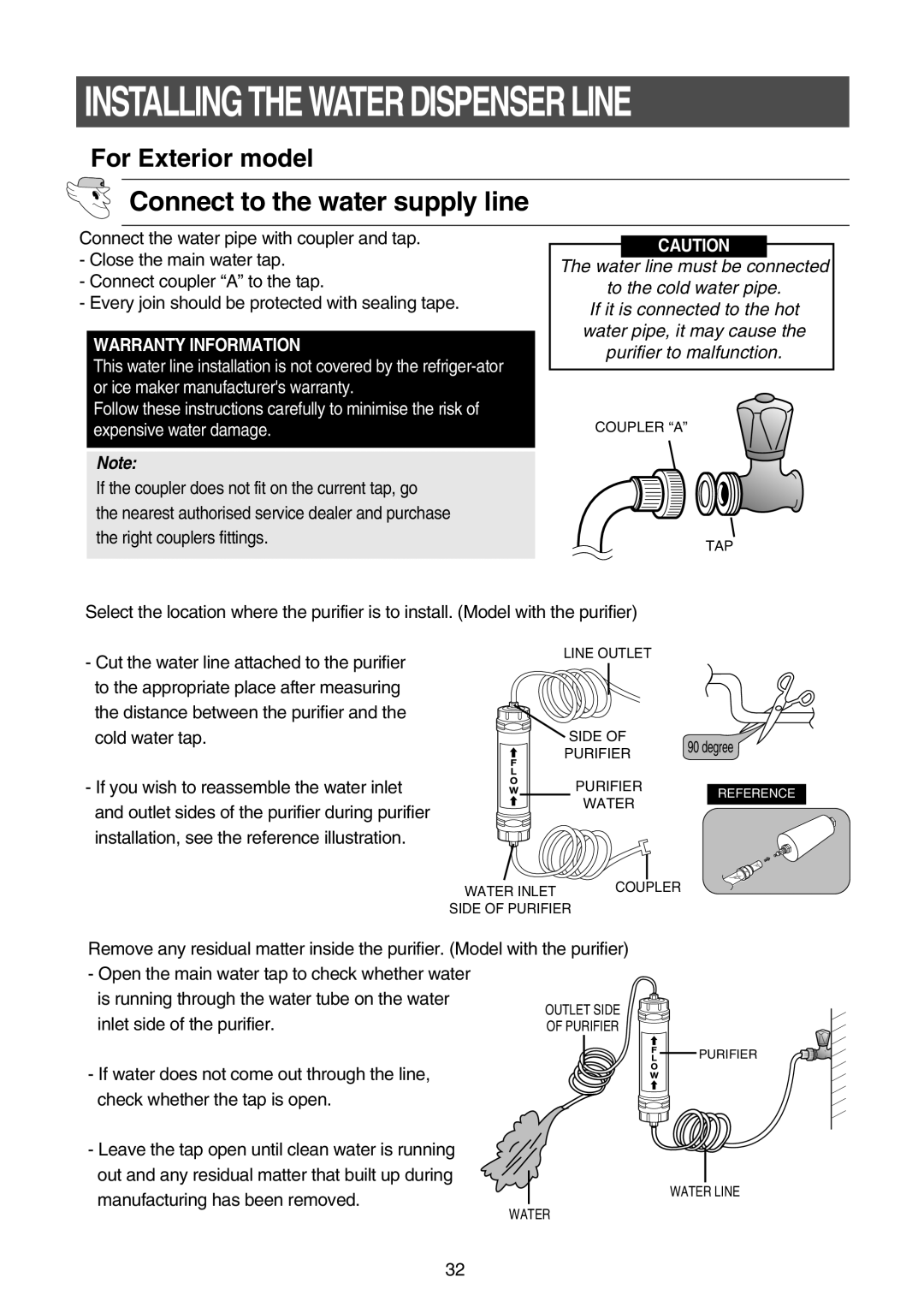 Samsung RS23FAMS1/JUM, RS21FASW1/SAL, RS21FGRS1/JUM, RS21FLAT1/ATC Connect to the water supply line, Warranty Information 