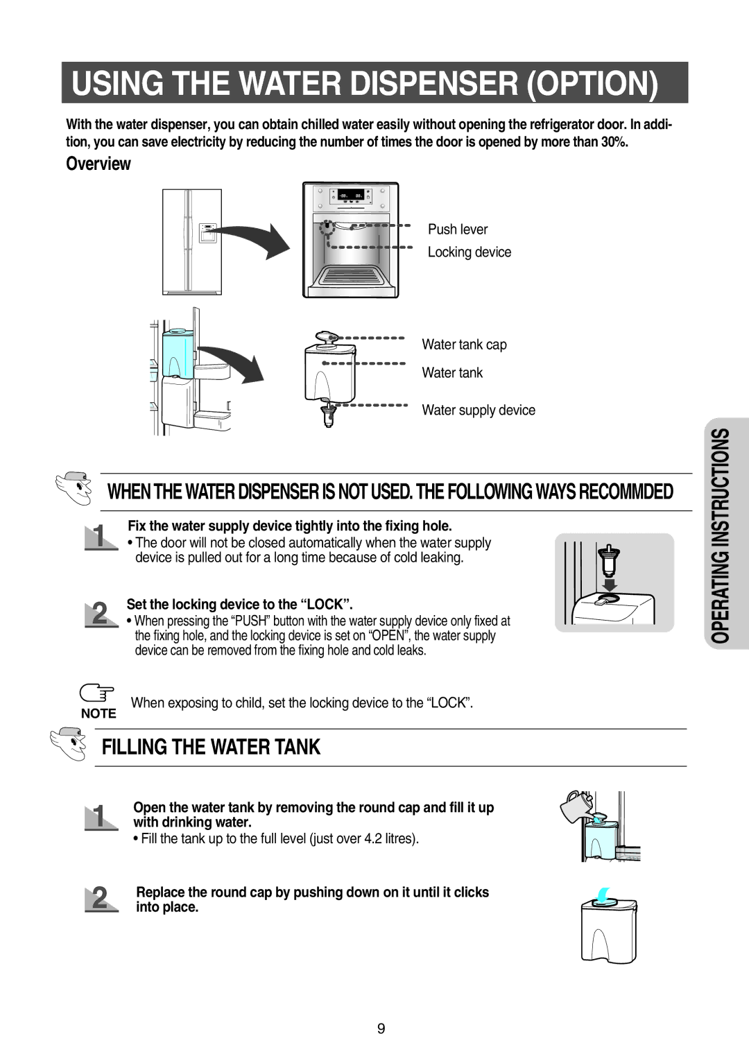 Samsung RS23NKSW1/ZAM manual Fix the water supply device tightly into the fixing hole, Set the locking device to the Lock 