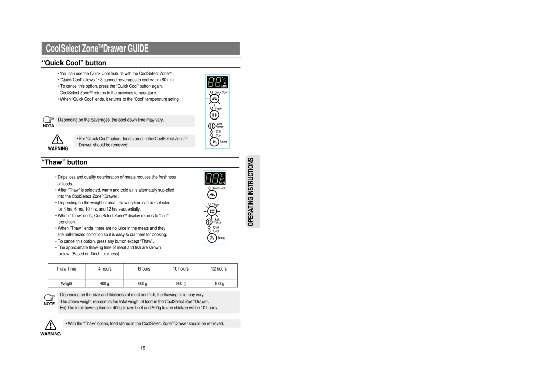 Samsung RS21DCSM1/BUL, RS21FCSM1/BUL manual Quick Cool button, Thaw button 