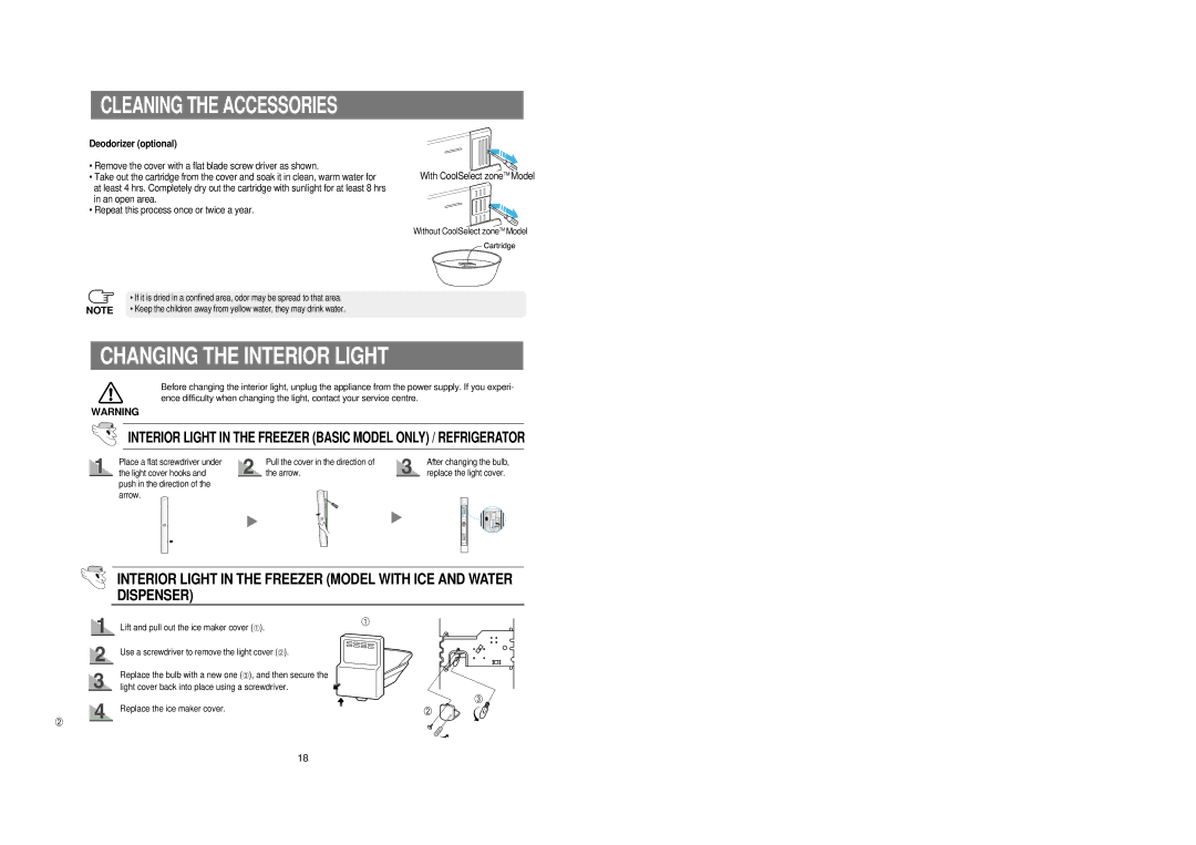 Samsung RS21FCSM1/BUL, RS21DCSM1/BUL manual Changing the Interior Light, Cleaning the Accessories 