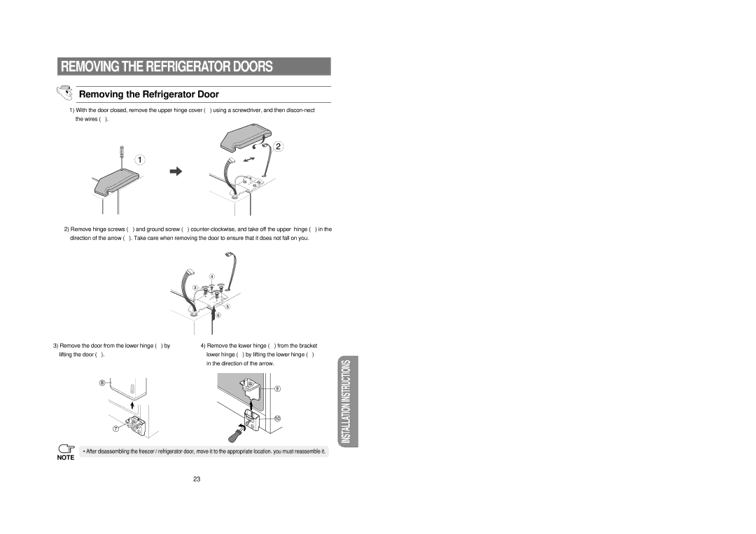 Samsung RS21DCSM1/BUL, RS21FCSM1/BUL manual Removing the Refrigerator Door 