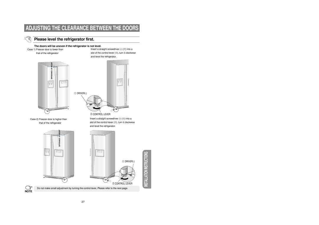 Samsung RS21DCSM1/BUL, RS21FCSM1/BUL manual Adjusting the Clearance Between the Doors, Please level the refrigerator first 