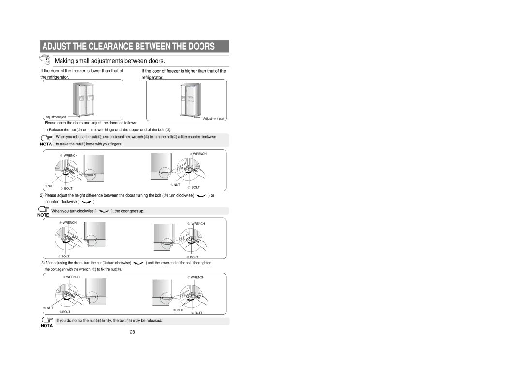 Samsung RS21FCSM1/BUL, RS21DCSM1/BUL manual Adjust the Clearance Between the Doors 