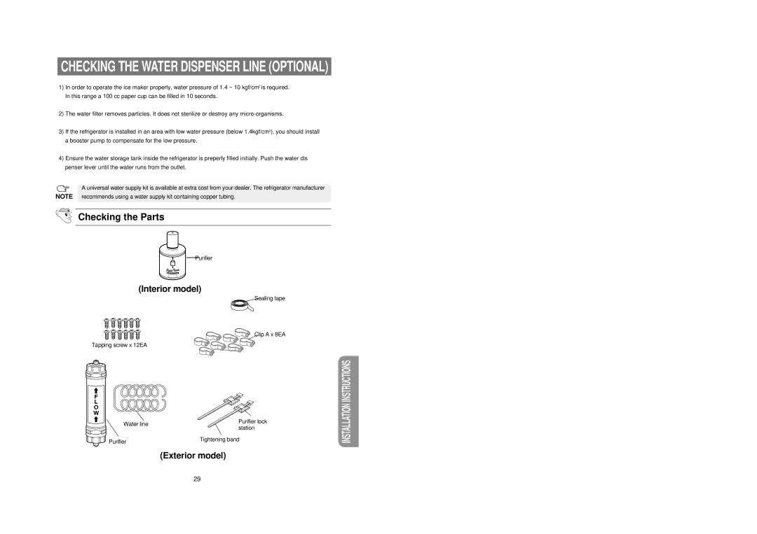 Samsung RS21DCSM1/BUL, RS21FCSM1/BUL manual Checking the Water Dispenser Line Optional, Checking the Parts 