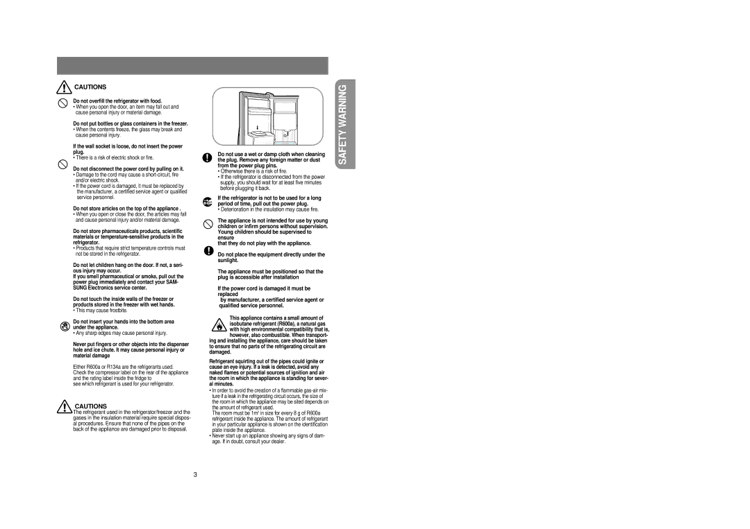 Samsung RS21DCSM1/BUL, RS21FCSM1/BUL manual Safety Warning 