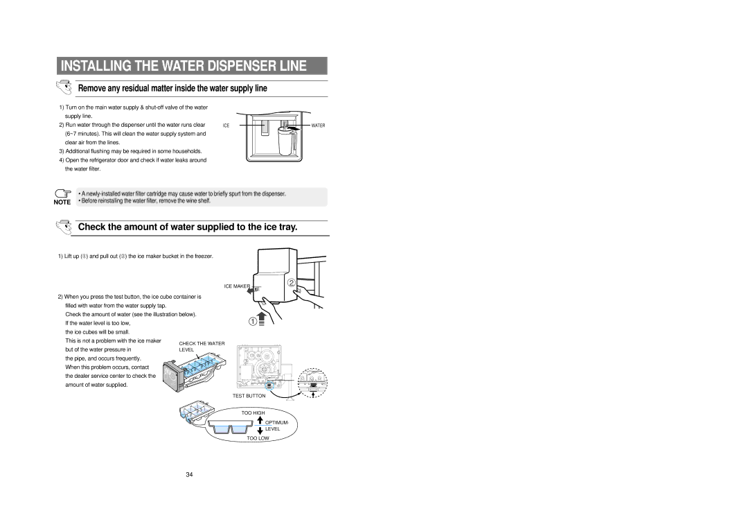 Samsung RS21FCSM1/BUL manual Installing the Water Dispenser Line, Check the amount of water supplied to the ice tray 