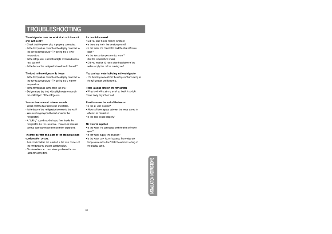 Samsung RS21DCSM1/BUL, RS21FCSM1/BUL manual Troubleshooting 