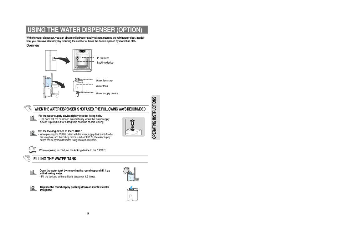 Samsung RS21DCSM1/BUL manual Fix the water supply device tightly into the fixing hole, Set the locking device to the Lock 