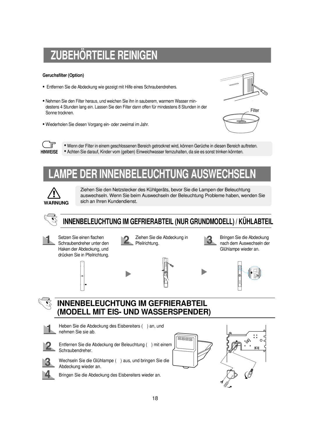 Samsung RS21FCSM1/XEG, RS21FCSV1/XEG, RS21FGRS1/XEK manual Lampe DER Innenbeleuchtung Auswechseln, Geruchsfilter Option 