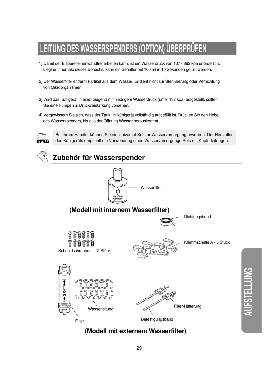 Samsung RS21KLWR1/XSE, RS21FCSV1/XEG manual Leitung DES Wasserspenders Option Ü Berprü FEN, Zubehö r fü r Wasserspender 