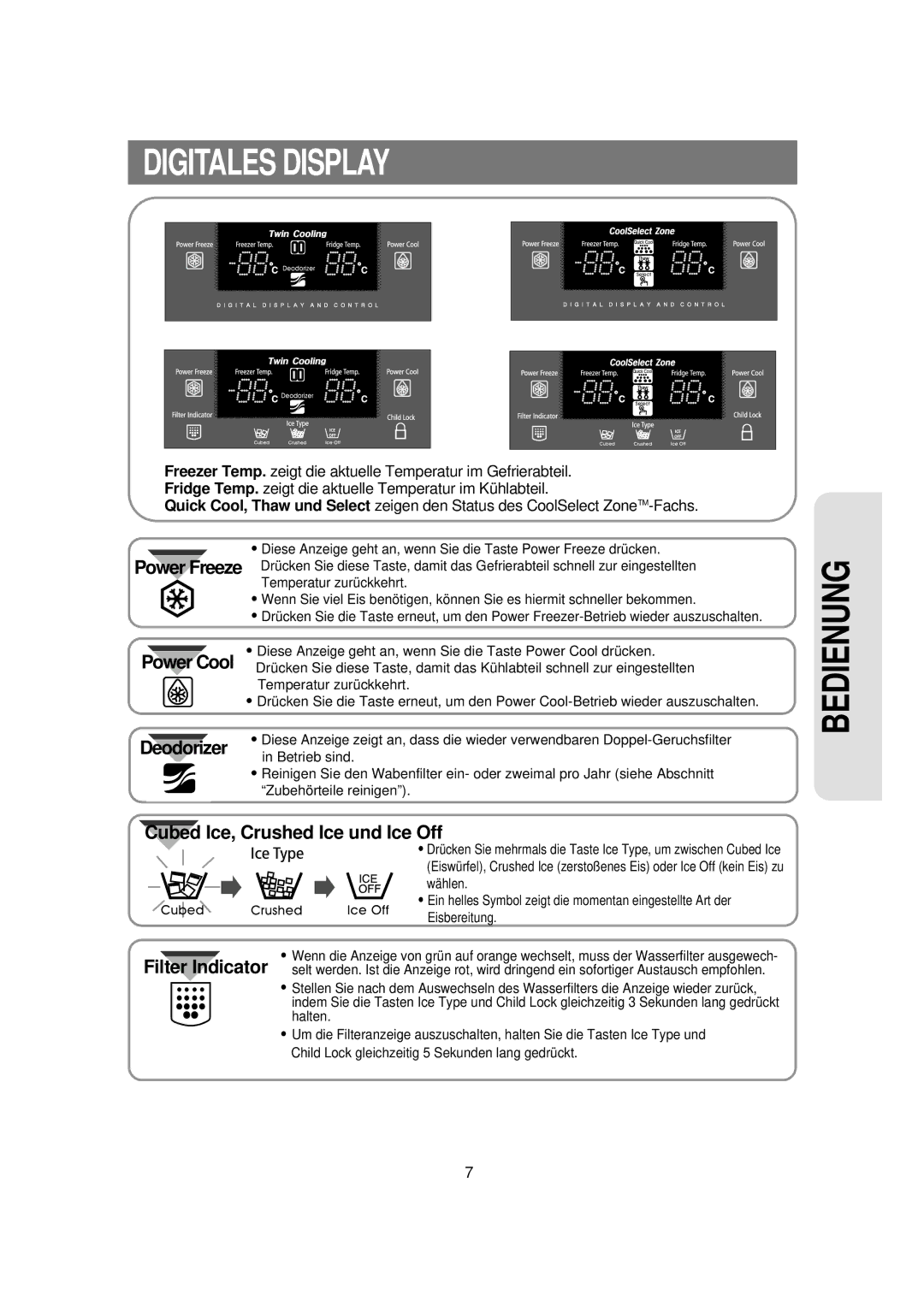 Samsung RS21KLWR1/XSE, RS21FCSV1/XEG, RS21FGRS1/XEK, RS21KPMS1/XEG, RS21KCMS1/XSE Digitales Display, Power Cool Deodorizer 