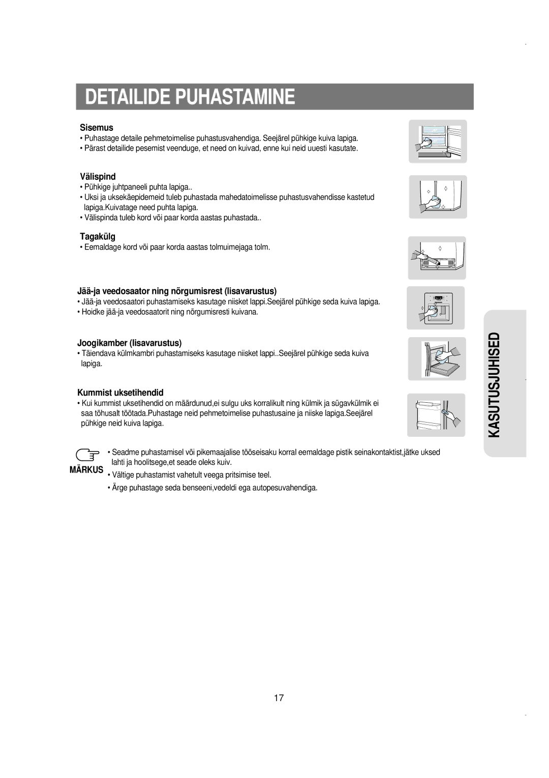 Samsung RS21NGRS1/XEK, RS21FGRS1/XEK, RS21FLBG1/XEK, RS21FLAL1/XEK, RS21FLMR1/XEK, RS21KLMR2/XEK manual Detailide Puhastamine 