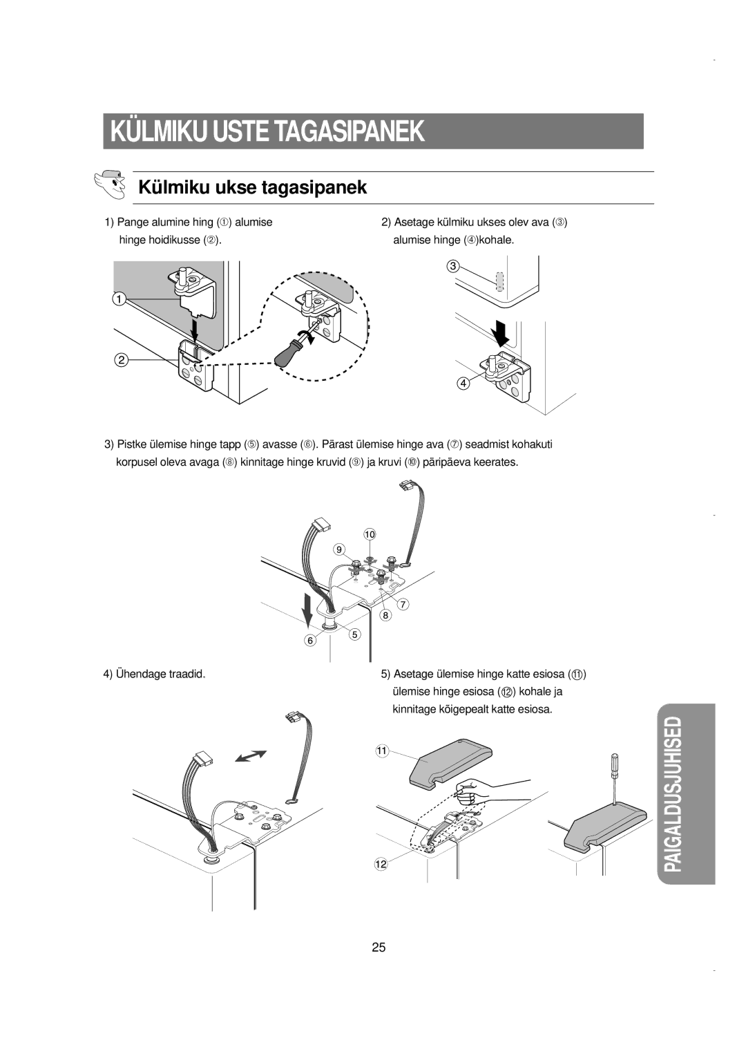 Samsung RS21KLBG1/XEK, RS21FGRS1/XEK, RS21FLBG1/XEK Kü lmiku ukse tagasipanek, Hinge hoidikusse ➁ Alumise hinge ➃kohale 