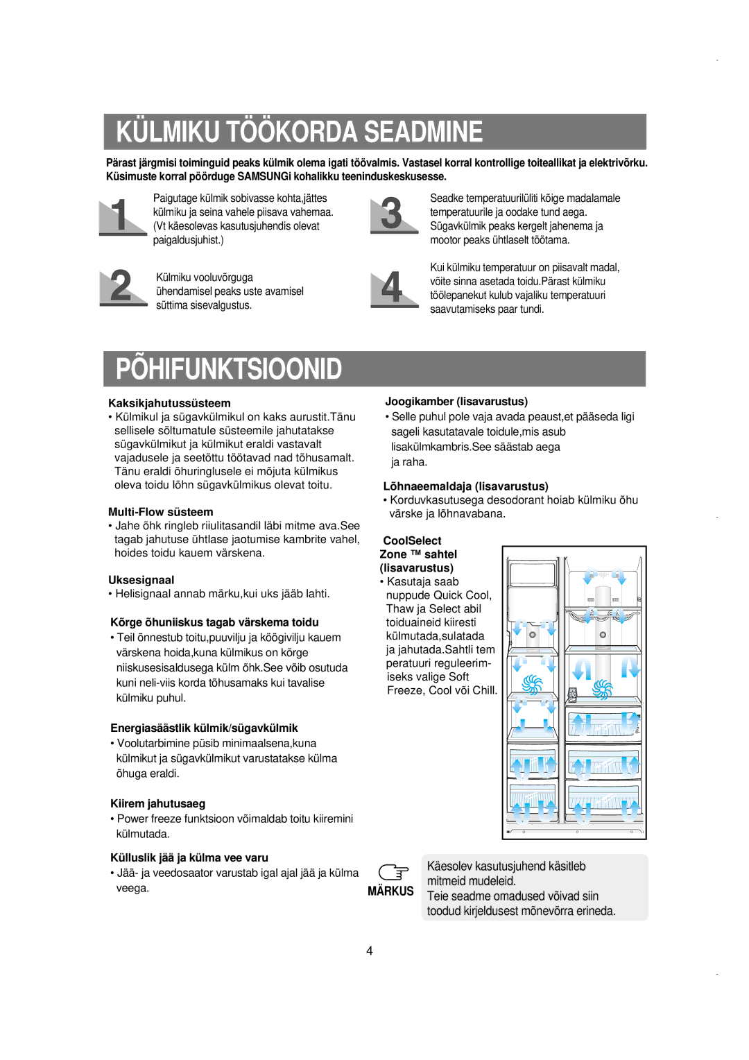 Samsung RS21KLMR2/XEK, RS21FGRS1/XEK, RS21FLBG1/XEK, RS21FLAL1/XEK, RS21FLMR1/XEK Külmiku Töökorda Seadmine, Põhifunktsioonid 