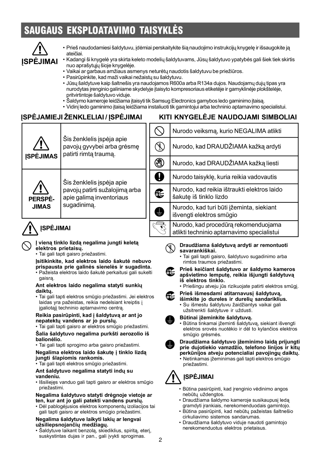 Samsung RS21FLAL1/XEK, RS21FGRS1/XEK, RS21FLBG1/XEK, RS21FLMR1/XEK, RS21KLMR2/XEK Saugaus Eksploatavimo Taisyklës, Áspëjimai 