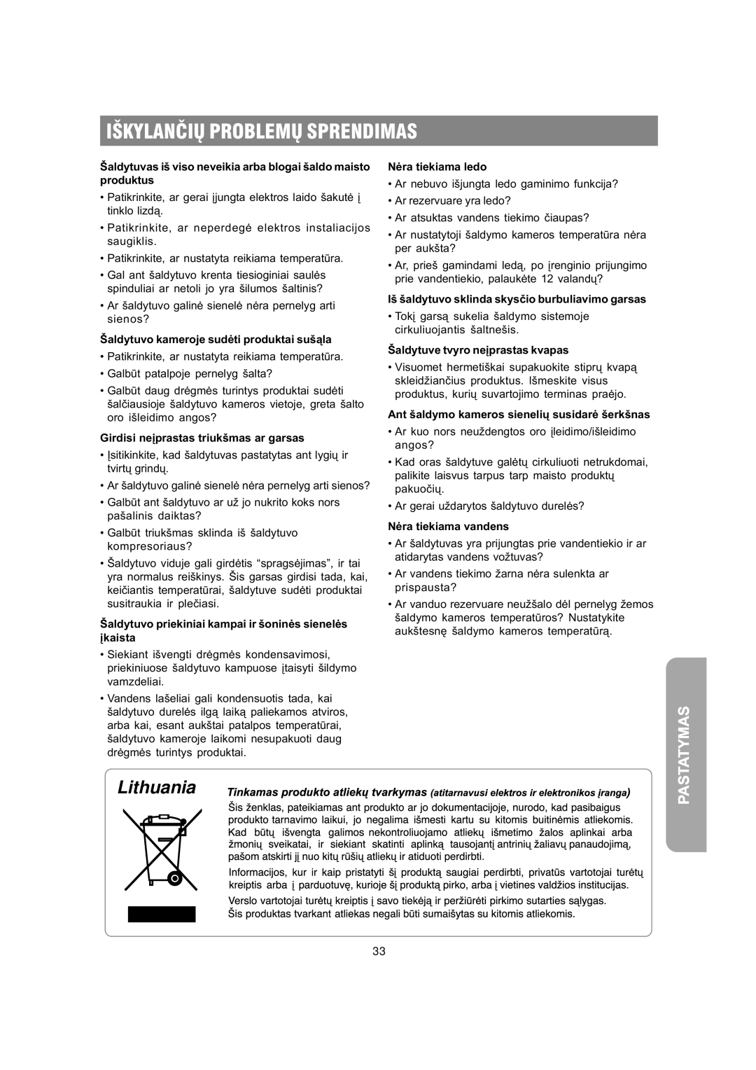 Samsung RS21FLBG1/XEK, RS21FGRS1/XEK, RS21FLAL1/XEK, RS21FLMR1/XEK, RS21KLMR2/XEK Iðkylanèiø Problemø Sprendimas, Lithuania 