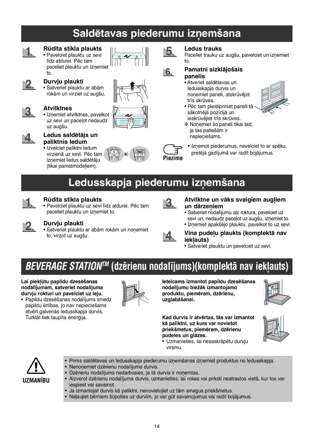 Samsung RS21NLMR1/BWT, RS21FGRS1/XEK, RS21FLBG1/XEK manual Saldïtavas piederumu iz¿em‰ana, Ledusskapja piederumu iz¿em‰ana 