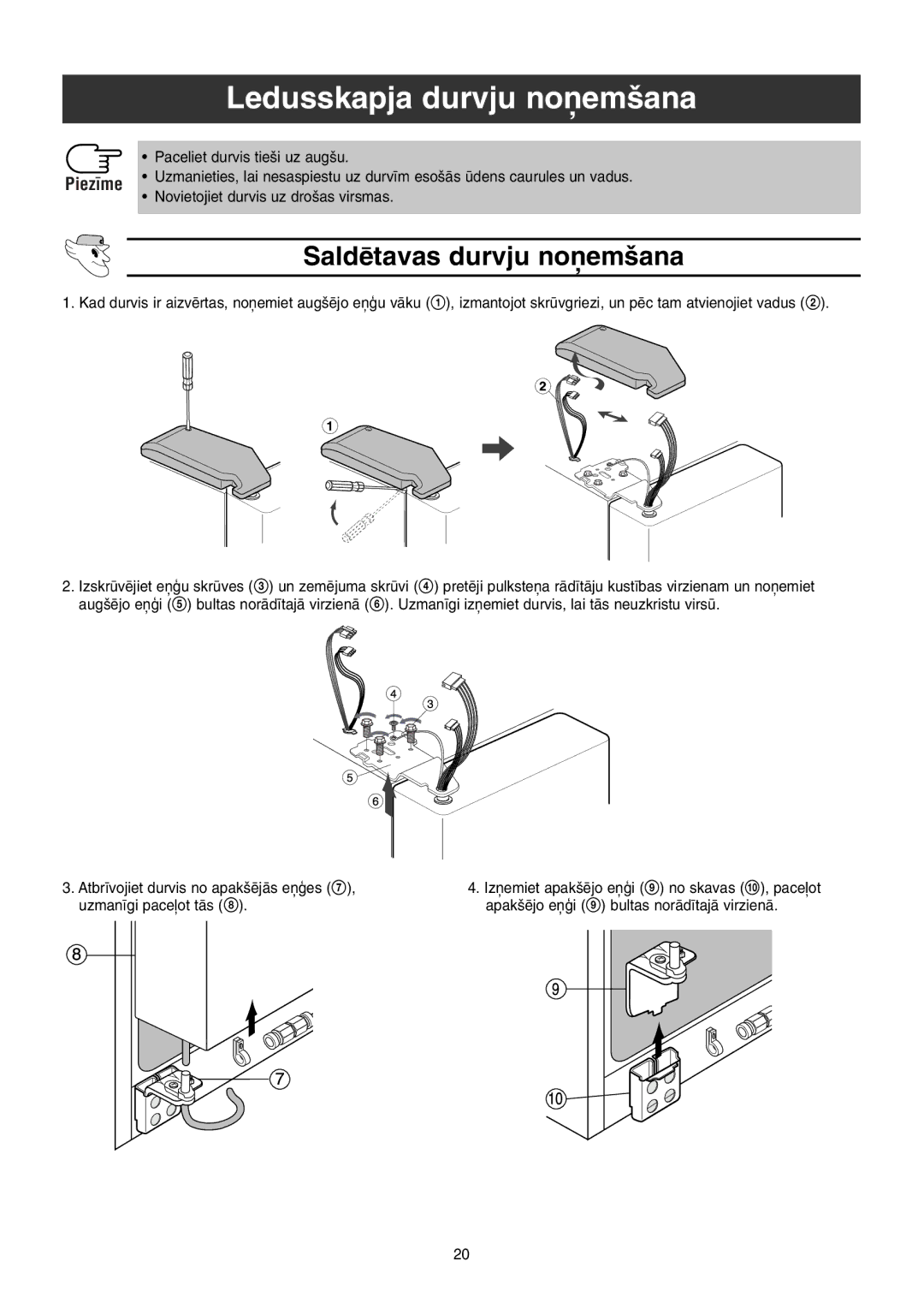 Samsung RS21KLMR1/XEK manual Ledusskapja durvju no¿em‰ana, Saldïtavas durvju no¿em‰ana, Paceliet durvis tie‰i uz aug‰u 