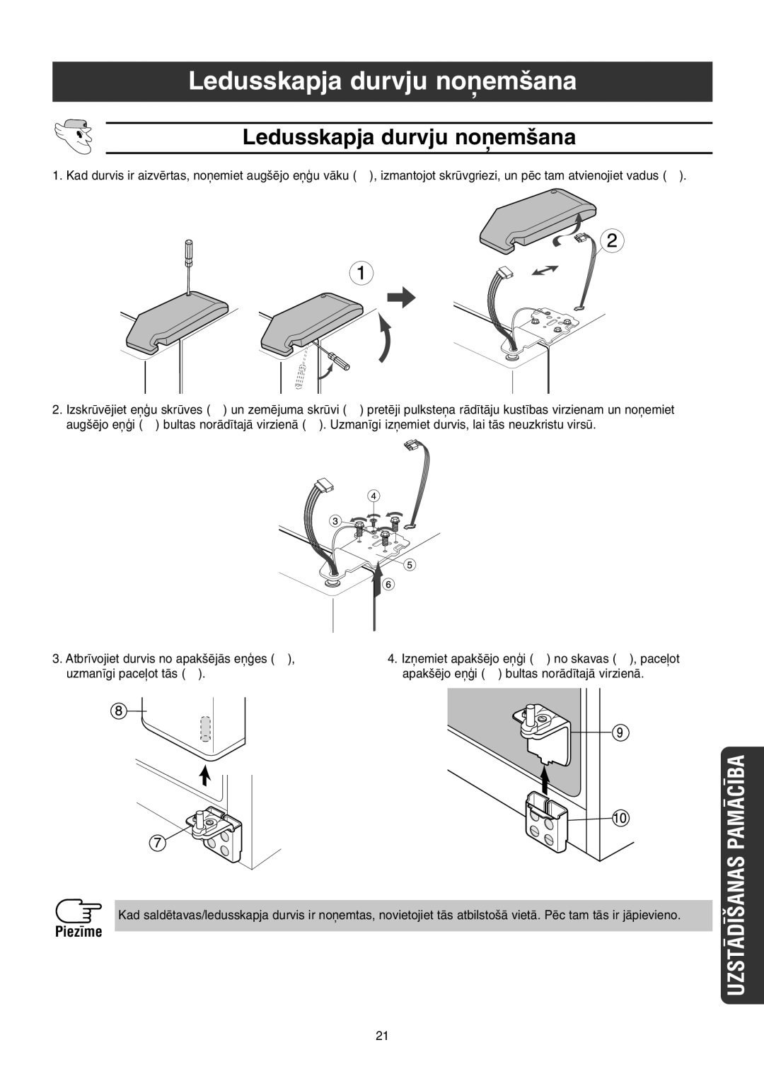 Samsung RS21NCSW1/XEK, RS21FGRS1/XEK, RS21FLBG1/XEK, RS21FLAL1/XEK, RS21FLMR1/XEK manual Ledusskapja durvju no¿em‰ana, Piez¥me 