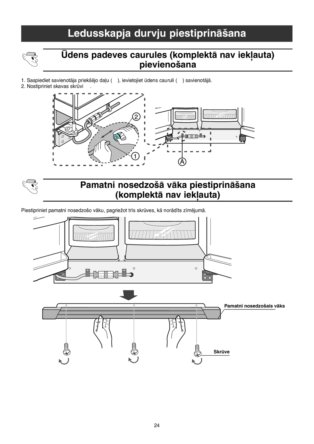 Samsung RS21KLNC1/BWT manual Ìdens padeves caurules komplektÇ nav iekauta Pievieno‰ana, Pamatni nosedzo‰ais vÇks Skrve 